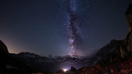 The outstanding beauty of the Milky Way arc and the starry sky captured at high altitude in...