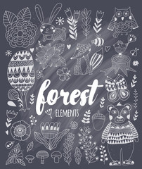 Vector forest elements in doodle childish style