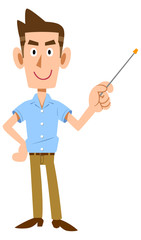 半袖シャツの若い男性が指し棒を持つ
