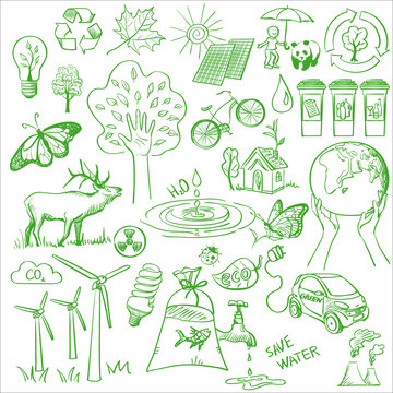 Ecology and recycle doodle icons set