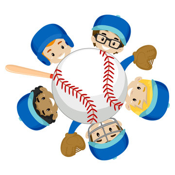 Vector Illustration of Baseball Team Boys around the Ball