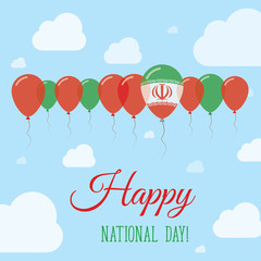 Naklejka premium Iran, Islamic Republic Of National Day Flat Patriotic Poster. Row of Balloons in Colors of the Iranian flag. Happy National Day Card with Flags, Balloons, Clouds and Sky.
