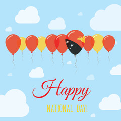 Papua New Guinea National Day Flat Patriotic Poster. Row of Balloons in Colors of the Papua New Guinean flag. Happy National Day Card with Flags, Balloons, Clouds and Sky.