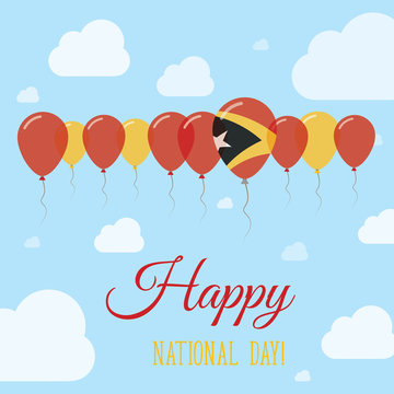 Timor-Leste National Day Flat Patriotic Poster. Row of Balloons in Colors of the East Timorese flag. Happy National Day Card with Flags, Balloons, Clouds and Sky.