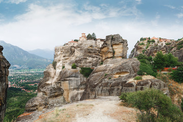 Fototapeta na wymiar The Holy Monastery of Varlaam and The Holy Monastery of Great Meteoron, Trikala region, Greece. Focus on Holy Monastery of Varlaam