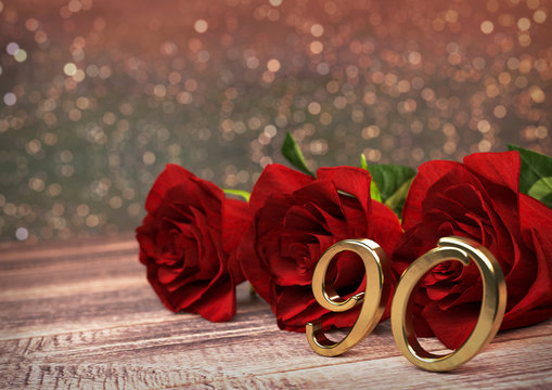 birthday concept with red roses on wooden desk. ninetieth. 90th. 3D render