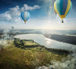 Travel and Tourism. Top view of the lake. View from balloon

