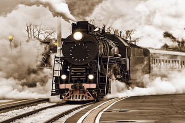 Retro steam train. - obrazy, fototapety, plakaty