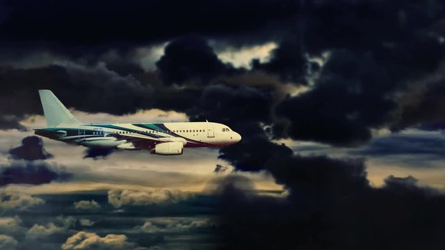 Cinematic style animation of the plane. Jet is flying in the dramatic sky. Storm and lighting inside the clouds.