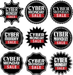 Cyber monday sale stopwatch black icon with red ribbon, vector i