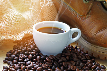 coffee wood background and Woven baskets and sacks of coffee bea