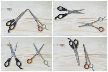 Two Scissors cut and wood background.