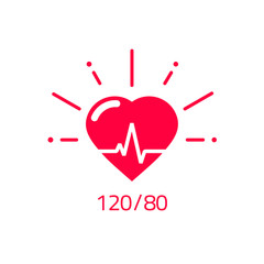 Blood pressure vector icon, heart cheering cardiogram, good health logo, healthy pulse flat symbol, medical pulsometer element, heartbeat label hospital equipment concept design isolated on white sign