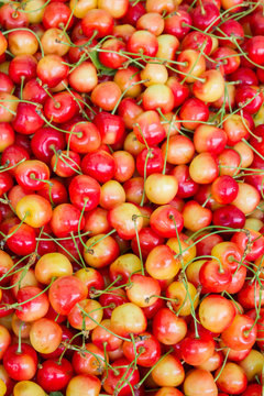 Ripe colored sweet cherries in the market on the counter