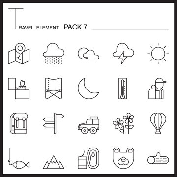 Travel Element Line Icon Set 7.Camping thin icons.Mono pack.Grap