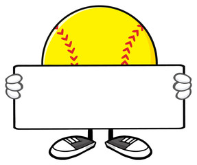 Softball Faceless Cartoon Mascot Character Holding A Blank Sign