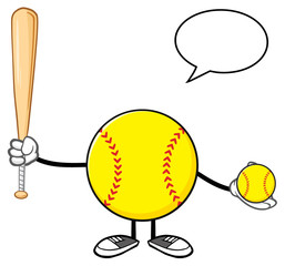 Softball Faceless Player Cartoon Mascot Character Holding A Bat And Ball With Speech Bubble