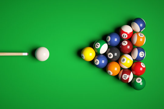 Cue aim billiard snooker pyramid on green table. 3d illustration