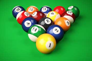 Pyramid balls pool billiard on green table. 3d illustration