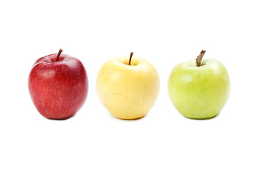 Colorful apples. Yellow, red, green colored fruits. Different colors concept. fresh ripe apples macro view. white background