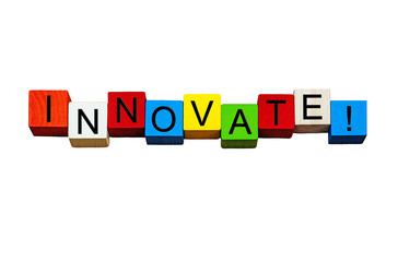 Innovate - business sign for invention, design, originality. Isolated on white.