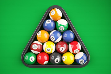 Pyramid balls pool billiard on green table. Top view. 3d illustr