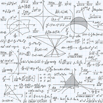 Math educational vector seamless endless pattern with handwritten formulas, tasks, plots, calculations and geometrical figures. Endless mathematical texture