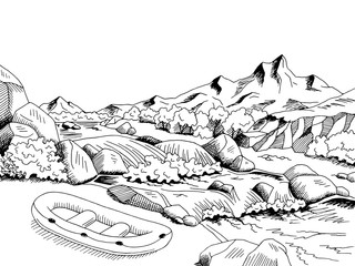 Raft river mountain boat graphic art black white landscape sketch illustration vector