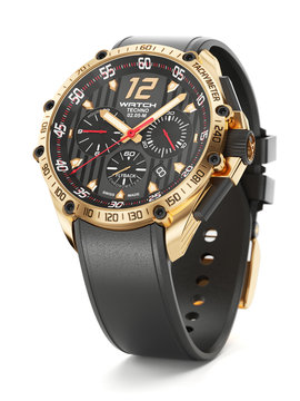 Golden luxury wristwatch with black clock face and rubber wristl