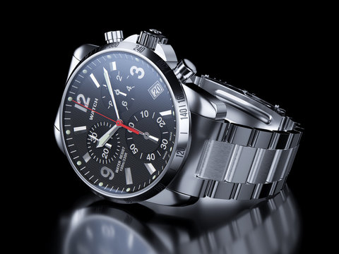 Men`s chrome wristwatch on black background. 3d illustration