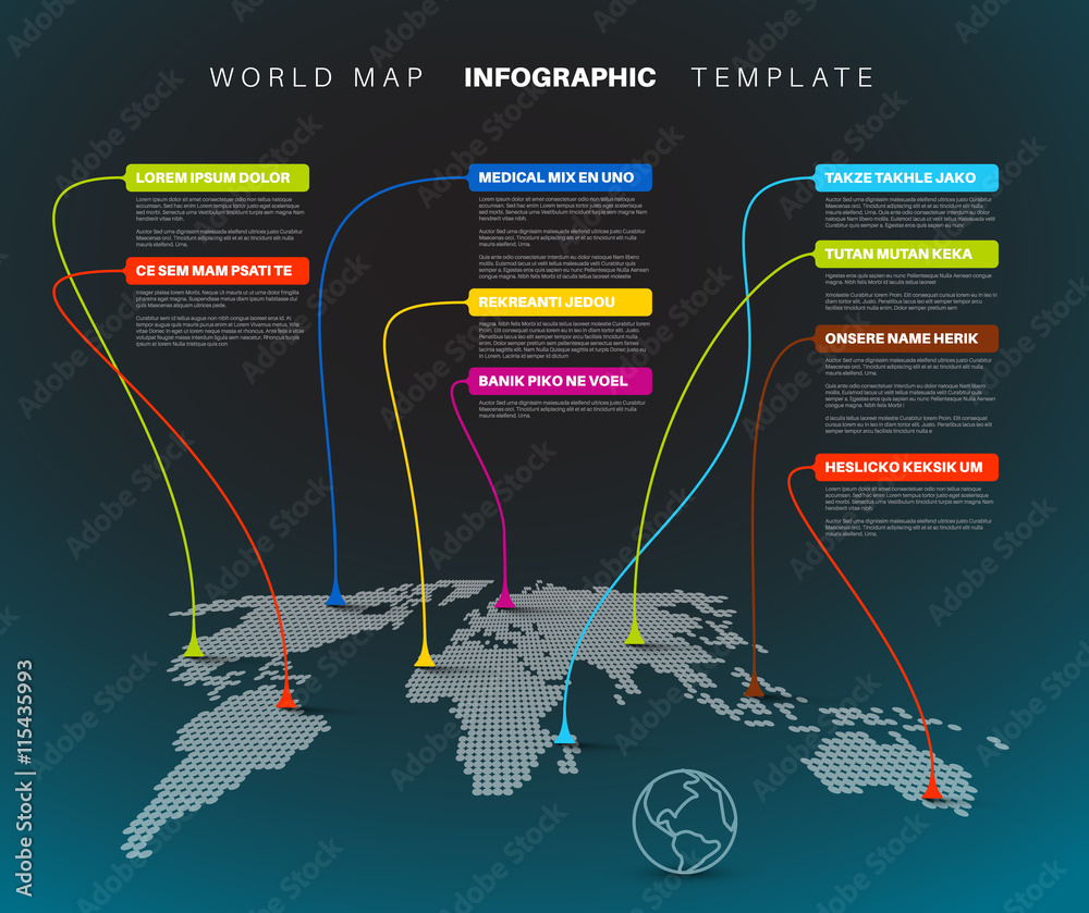 Canvas Prints Infographic: Dark World map with pointer marks