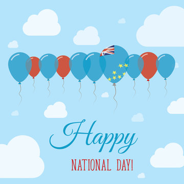 Tuvalu National Day Flat Patriotic Poster. Row of Balloons in Colors of the Tuvaluan flag. Happy National Day Card with Flags, Balloons, Clouds and Sky.