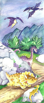 dinosaur, pterodactyl, watercolor