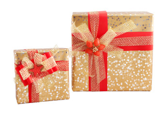 Two gold shiny paper wrap red flower bow gift box present christmas birthday isolated