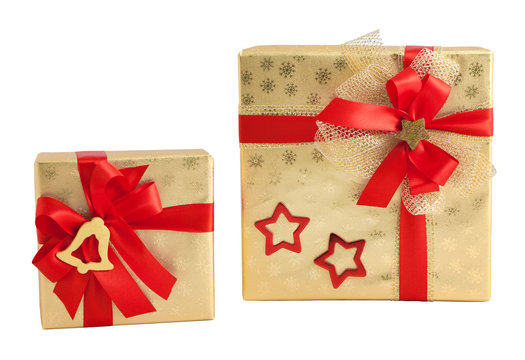Two gold shiny paper wrap red star bell decorated bow gift box present christmas birthday isolated