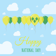 Saint Vincent And The Grenadines National Day Flat Patriotic Poster. Row of Balloons in Colors of the Saint Vincentian flag. Happy National Day Card with Flags, Balloons, Clouds and Sky.