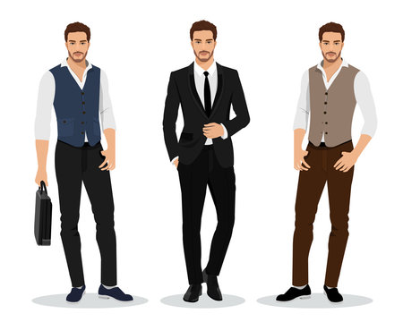Stylish high detailed graphic businessmen set. Cartoon male characters. Men in fashion clothes. Flat style vector illustration.