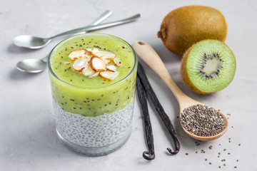 Vanilla chia pudding with kiwi, layered dessert, concrete background