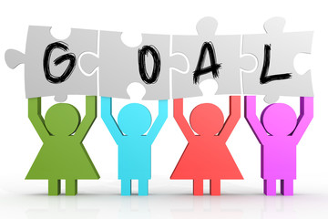 Four people hold puzzle with goal word