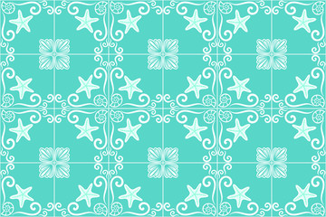 Ornate sea themed portuguese and brazilian tiles azulejos with starfish and shells in turquoise color. Spanish talavera tiles. Vintage pattern. Abstract background. Vector illustration, eps10.