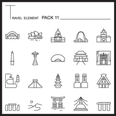 Travel Element Line Icon Set 11.Landmark thin icons.Mono pack.Gr