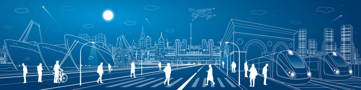 Mega infrastructure city panorama, train railway station, people walking on street, industrial and transportation illustration, night town, airplane flying, cargo port, vector design art