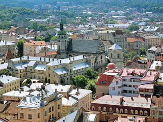Lviv, Ukraine. View of Bernardine Church of St. Andrew and Bernardine monastery from the tower of Lviv City Hall.