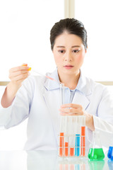 Asian female forensic scientist working on chemicals