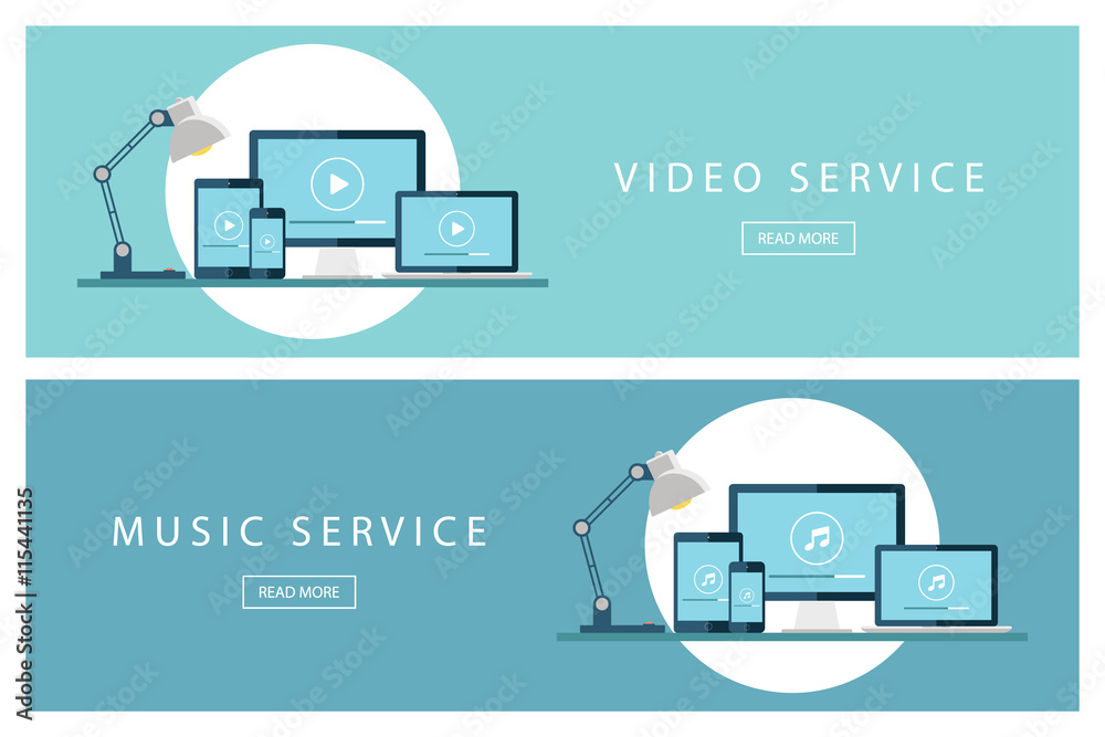 Poster set of flat design illustration concepts video service and music service. banners for web design, ma