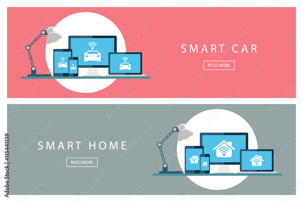 Aufkleber Set of flat design concepts Smart car and Smart home. Internet of things. Banners for web design, marketing and promotion. Presentation templates. Vector illustration.