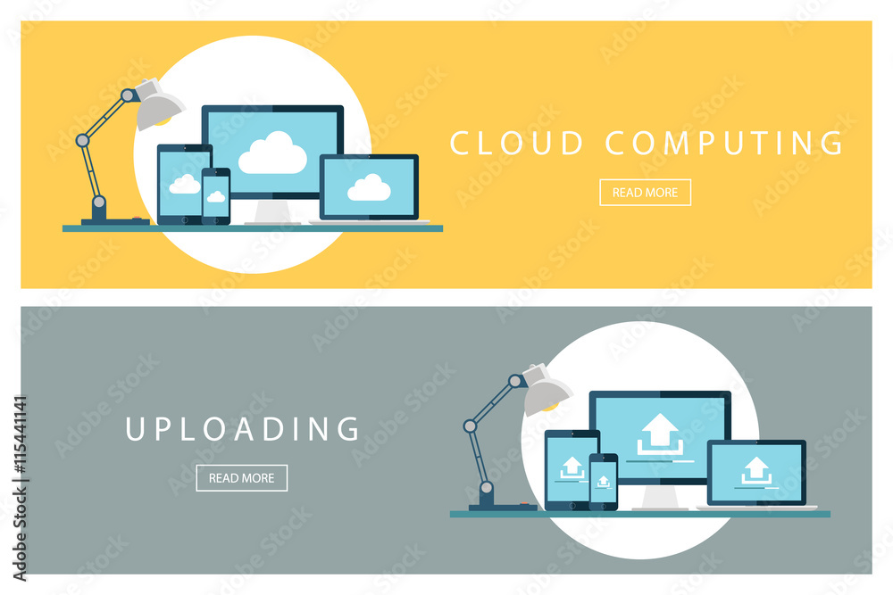 Poster Set of flat design concepts Cloud computing and Uploading technology. Banners for web design, marketing and promotion. Presentation templates. Vector illustration.