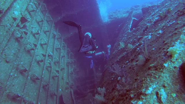 Two scuba divers at the wreck of the SS Carnatic, Red Sea, Egypt
