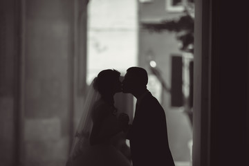 gorgeous wedding couple enjoys a Sunny day in the old town with architecture