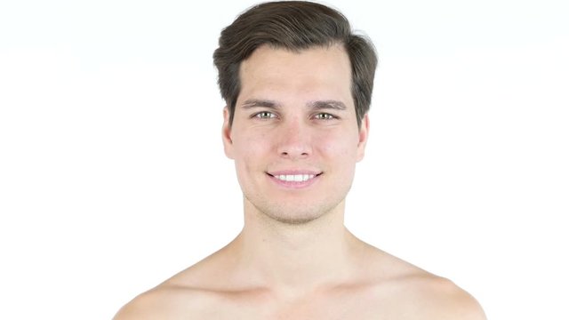 Portrait of handsome man with big smile  shirtless